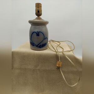 Salmon Falls Crock Lamp Heart Design Blue Glaze Romantic Feminine Countryside